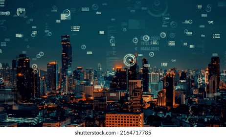 Business data analytic interface fly over smart city showing alteration future of business intelligence. Computer software and artificial intelligence are used to analyze big data for strategic plan .