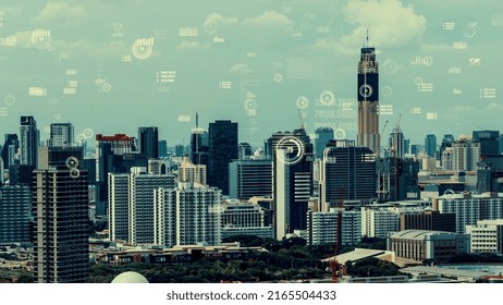Business data analytic interface fly over smart city showing alteration future of business intelligence. Computer software and artificial intelligence are used to analyze big data for strategic plan .