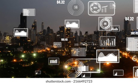 Business data analytic interface fly over smart city showing alteration future of business intelligence. Computer software and artificial intelligence are used to analyze big data for strategic plan .