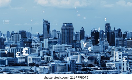 Business data analytic interface fly over smart city showing alteration future of business intelligence. Computer software and artificial intelligence are used to analyze big data for strategic plan .