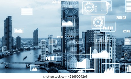 Business data analytic interface fly over smart city showing alteration future of business intelligence. Computer software and artificial intelligence are used to analyze big data for strategic plan .