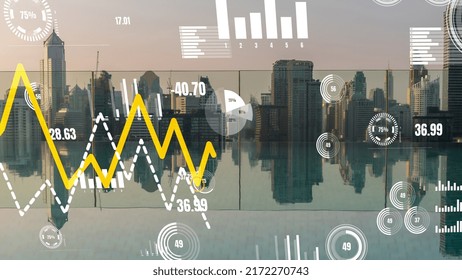 Business data analytic interface fly over smart city showing alteration future of business intelligence. Computer software and artificial intelligence are used to analyze big data for strategic plan .