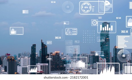Business data analytic interface fly over smart city showing alteration future of business intelligence. Computer software and artificial intelligence are used to analyze big data for strategic plan .