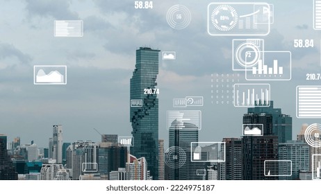 Business data analytic interface fly over smart city showing alteration future of business intelligence. Computer software and artificial intelligence are used to analyze big data for strategic plan .