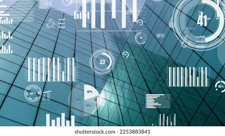 Business data analytic interface fly over smart city showing alteration future of business intelligence. Computer software and artificial intelligence are used to analyze big data for strategic plan .