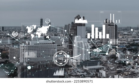 Business data analytic interface fly over smart city showing alteration future of business intelligence. Computer software and artificial intelligence are used to analyze big data for strategic plan .