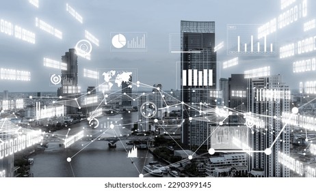 Business data analytic interface fly over smart city showing alteration future of business intelligence. Computer software and artificial intelligence are used to analyze big data for strategic plan .