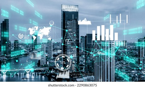 Business data analytic interface fly over smart city showing alteration future of business intelligence. Computer software and artificial intelligence are used to analyze big data for strategic plan .
