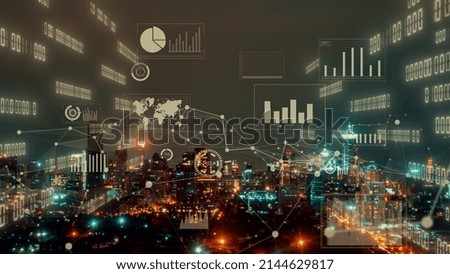 Business data analytic interface fly over smart city showing alteration future of business intelligence. Computer software and artificial intelligence are used to analyze big data for strategic plan .