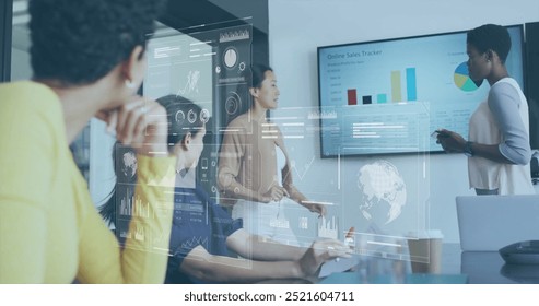 Business data analytics image over diverse team in meeting room. teamwork, collaboration, office, presentation, statistics, strategy - Powered by Shutterstock - Get 15% off with code: PIKWIZARD15