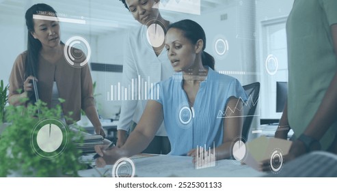 Business data analytics image over diverse team collaborating in modern office. teamwork, collaboration, technology, innovation, digital, strategy - Powered by Shutterstock