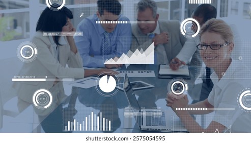 Business data analytics image over diverse professionals working in office. technology, teamwork, collaboration, graphs, statistics, corporate