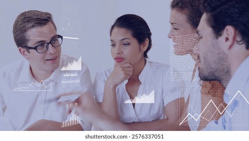 Business data analytics image over diverse colleagues collaborating in office. Teamwork, collaboration, technology, meeting, brainstorming, strategy