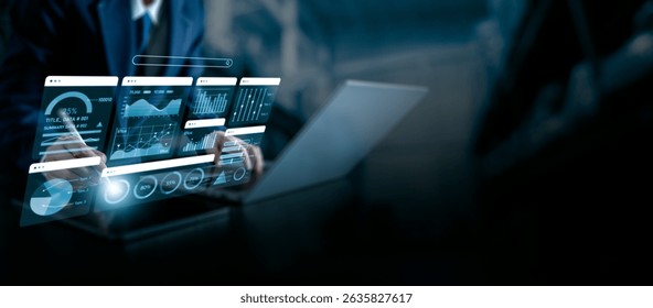 Business data analytics and intelligence dashboard concept, businessman using futuristic holographic graphs and charts on laptop, big data analysis, KPIs, statistics, digital transformation.