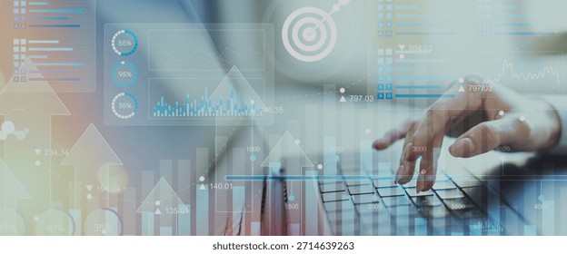 Business Data Analytics and KPI Performance Tracking Dashboard on Digital Tablet Interface.