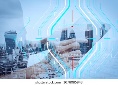 Business data analytics process management diagram.Double exposure of success businessman using digital tablet with london building and social media diagram