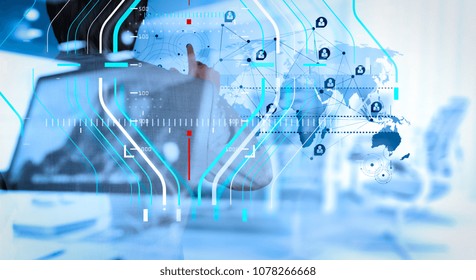 Business data analytics process management diagram.double exposure of businessman working with modern technology as concept