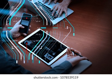 Business data analytics process management diagram.top view of businessman hands using digital pro tablet and smart phone with "Secure payment" on the screen as Online shopping concept