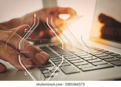 Business data analytics process management diagram.hands using laptop and holding credit card with digital business layers diagram as Online shopping concept