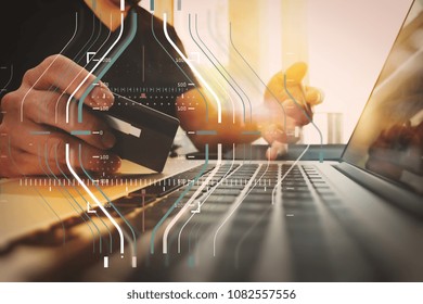 Business data analytics process management diagram.hands using laptop and holding credit card with "Secure payment" on the screen as Online shopping concept