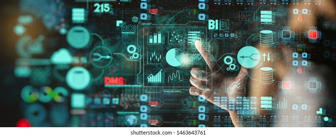 Business Data Analytics Process Management With Businesswoman Hand Touching Connected Gear Cogs With KPI Financial Charts And Graph And Automated Marketing Dashboard.