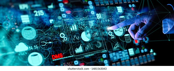 Business data analytics process management with businesswoman hand touching connected gear cogs with KPI financial charts and graph and automated marketing dashboard.
