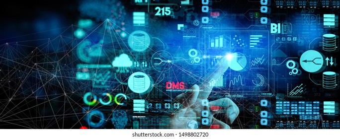 Business data analytics process management with businesswoman hand touching connected gear cogs with KPI financial charts and graph and automated marketing dashboard.