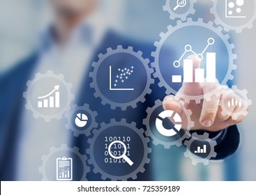 Business Data Analytics And Robotic Process Automation Management With A Consultant Touching Connected Gear Cogs With KPI Financial Charts And Graph, Marketing Dashboard
