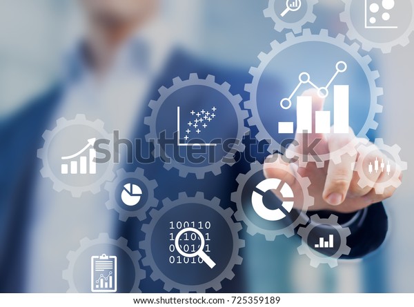 Business data analytics\
and robotic process automation management with a consultant\
touching connected gear cogs with KPI financial charts and graph,\
marketing dashboard