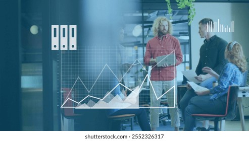 Business data charts image over diverse team discussing in modern office. discussion, meeting, technology, collaboration, digital, presentation - Powered by Shutterstock