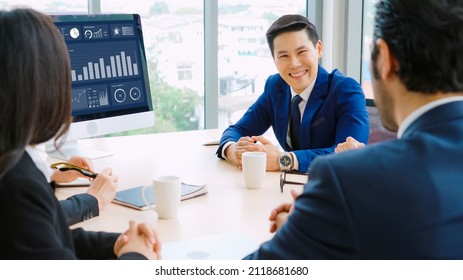 Business data dashboard analysis by ingenious computer software . Investment application display business sales and profit on the computer screen and advise marketing planning decision .