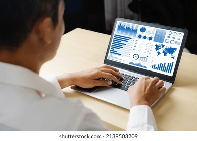 Business data dashboard analysis by ingenious computer software . Investment application display business sales and profit on the computer screen and advise marketing planning decision .