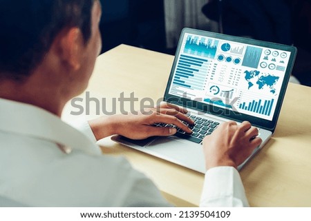 Business data dashboard analysis by ingenious computer software . Investment application display business sales and profit on the computer screen and advise marketing planning decision .