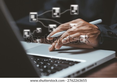 Business data network connection concept with digital document flow linking nodes across system, representing cloud computing, information exchange, and modern workflow automation technology.