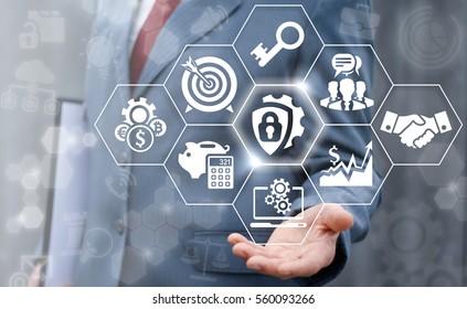 Business data protection insurance web computer banking service concept. Security and safety of information from virus cyber digital internet success technology. Gear shield lock icon - Shutterstock ID 560093266