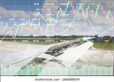 Business Data Stock Index Presentation On Blurry Moving Aircraft Wing Open Engine Background On Runway Before Landing.
