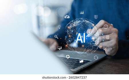  Business data using AI technology background using computer customer service showing data connection storing various data with AI to help simplify documents
