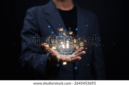  Business data using AI technology background using computer customer service showing data connection storing various data with AI to help simplify documents

