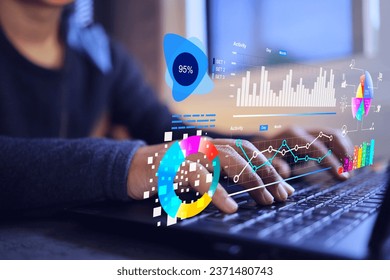 Business data visualization dashboard analytic on laptop screen business data scientist with ai analysis and bar, donut, pie chart data summarise management digital market statistic summary analytics