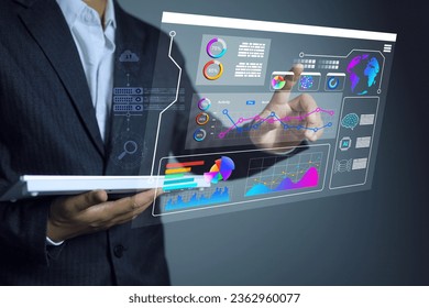 Business data visualization dashboard analytics on laptop keyboard virtual screen businessman with ai analysis and pie chart data summarise management digital market statistic summary analytics