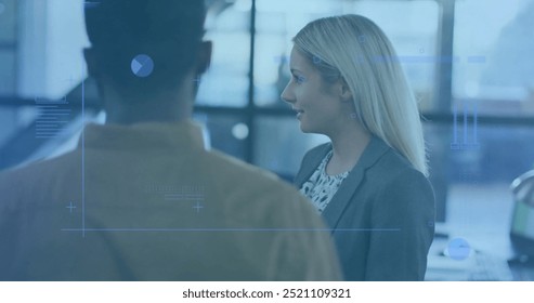 Business data visualization image over diverse professionals in office environment. teamwork, analysis, corporate, meeting, diversity, charts - Powered by Shutterstock