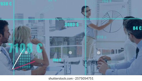 Business data visualization image over diverse professionals in modern office. teamwork, collaboration, technology, strategy, analytics, innovation