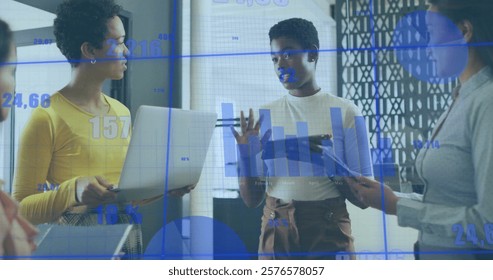 Business data visualization image over diverse team discussing in office. teamwork, diversity, brainstorming, collaboration, discussion, presentation - Powered by Shutterstock - Get 15% off with code: PIKWIZARD15
