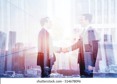 business deal, handshake double exposure, cooperation concept, agreement of two companies