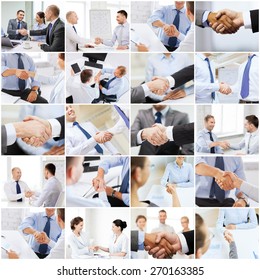 Business Deal And Office Concept - Collage With Many Different People Shaking Hands In Office