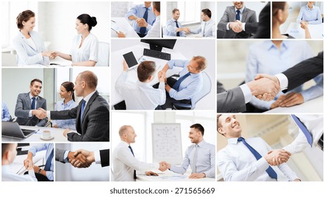 Business Deal And Office Concept - Collage With Many Different People Shaking Hands In Office