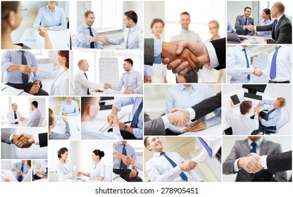 Business Deal And Office Concept - Collage With Many Different People Shaking Hands In Office