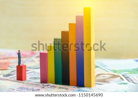 Business decision making and solution concept : Miniature figurine company top management person stands on a pole makes a difficult decision to cross or continue the project or terminate the program
