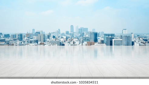 Business And Design Concept - Empty Stone Panel Ground With Panoramic City Skyline Aerial View Under Bright Sun And Blue Sky Of Nagoya, Japan For Mockup Or Montage Product