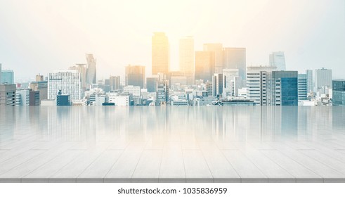 Business And Design Concept - Empty Stone Panel Ground With Panoramic City Skyline Aerial View Under Bright Sun And Blue Sky Of Nagoya, Japan For Mockup Or Montage Product